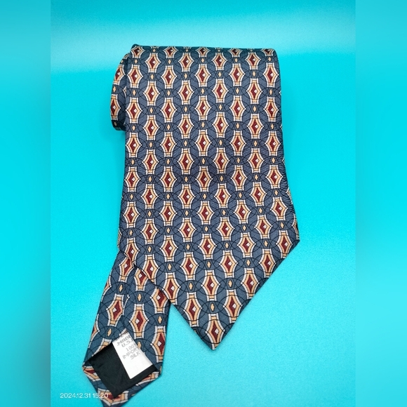 Oscar de la Renta Men's Silk Necktie Tie Blue Gold Geometric Circular Made in US - Picture 1 of 7